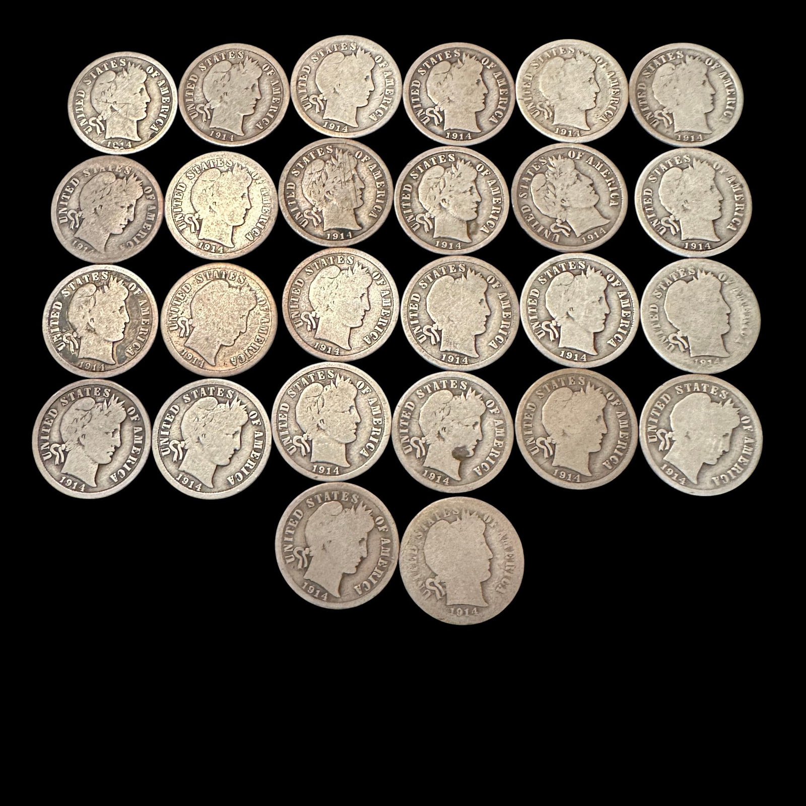Lot of 26 Mercury Dimes: Please review photos for more details as they are a part of the description. Item is being sold as found from an estate collection and may show signs of age, use, wear, imperfections, or surface