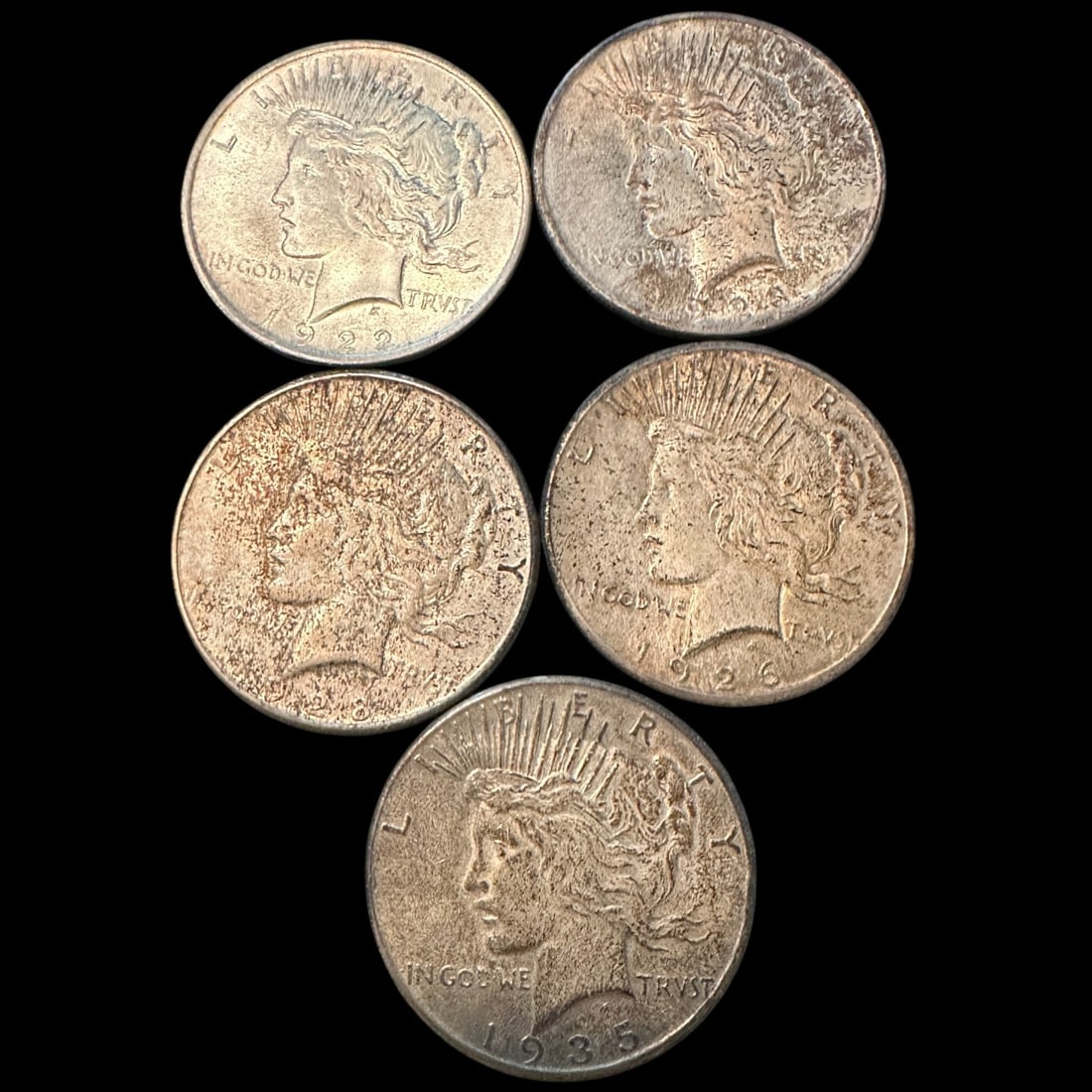 Lot of 5 Peace Silver Dollars: Please review photos for more details as they are a part of the description. Item is being sold as found from an estate collection and may show signs of age, use, wear, imperfections, or surface varia