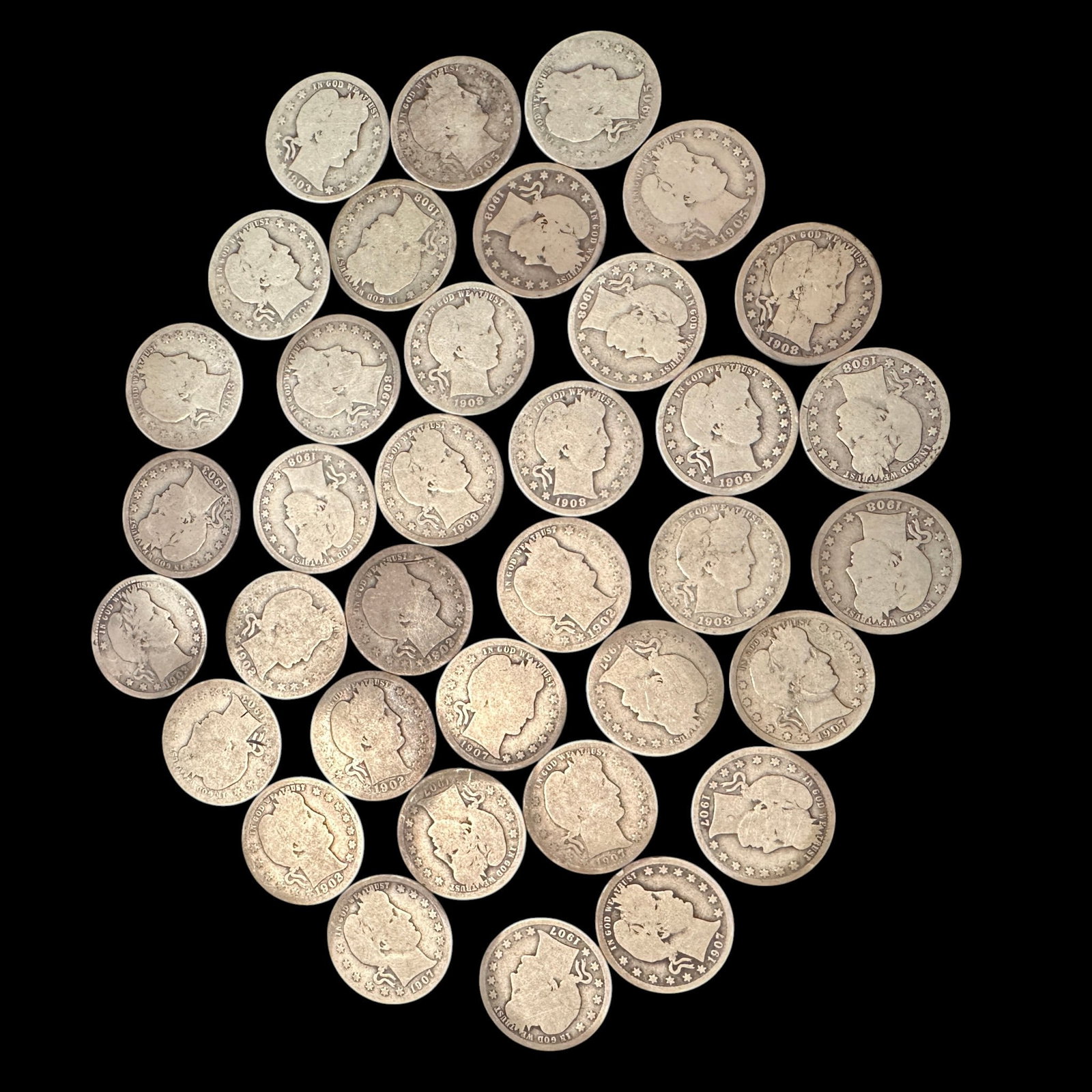 Lot of 27 Assorted Barber Quarter Dollars: Please review photos for more details as they are a part of the description. Item is being sold as found from an estate collection and may show signs of age, use, wear, imperfections, or surface