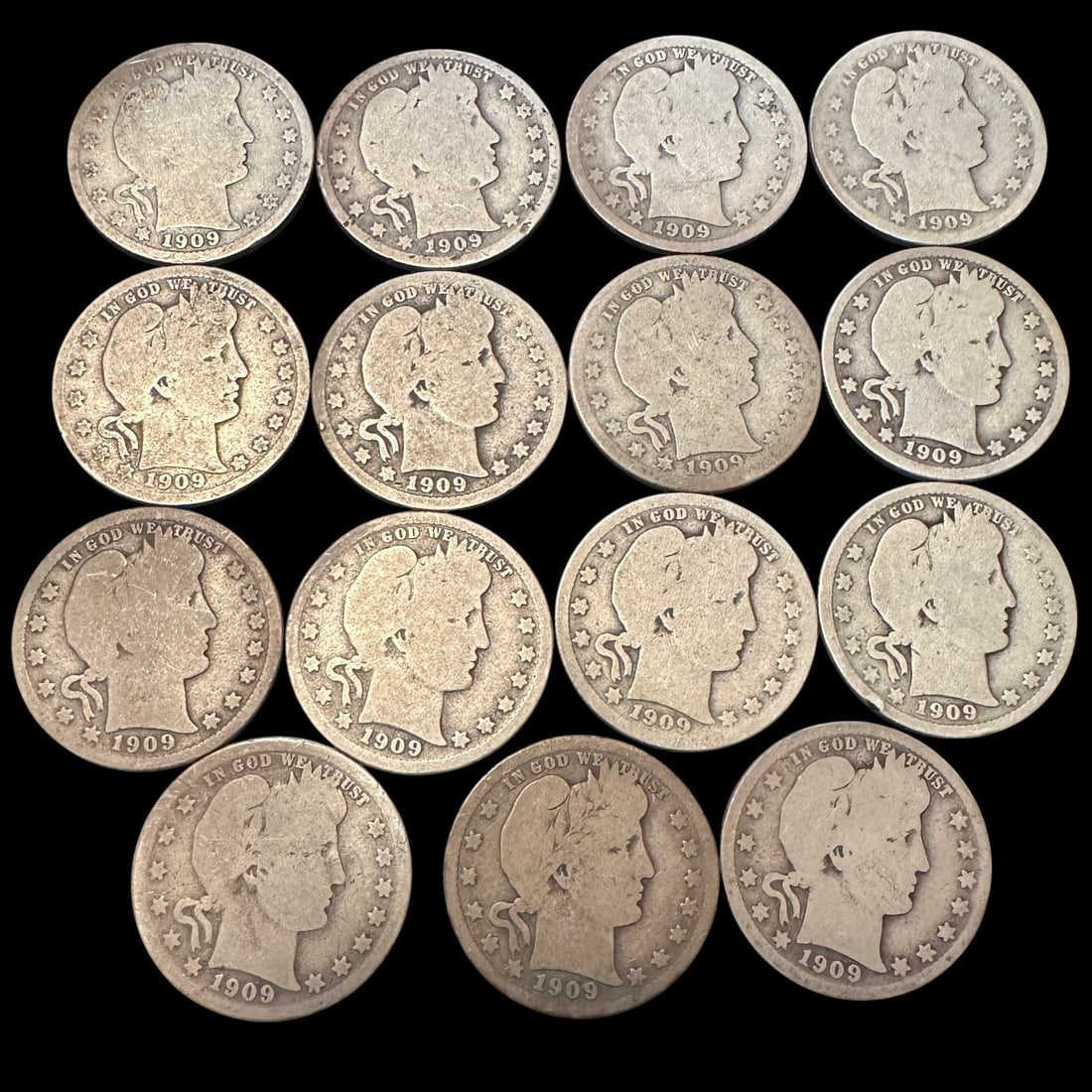Lot of Fifteen 1909 Barber Quarter Dollars: Please review photos for more details as they are a part of the description. Item is being sold as found from an estate collection and may show signs of age, use, wear, imperfections, or surface