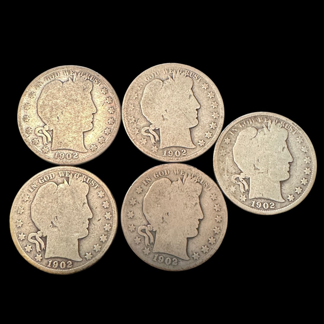 Lot of Five 1902 Barber Half Dollars: Please review photos for more details as they are a part of the description. Item is being sold as found from an estate collection and may show signs of age, use, wear, imperfections, or surface