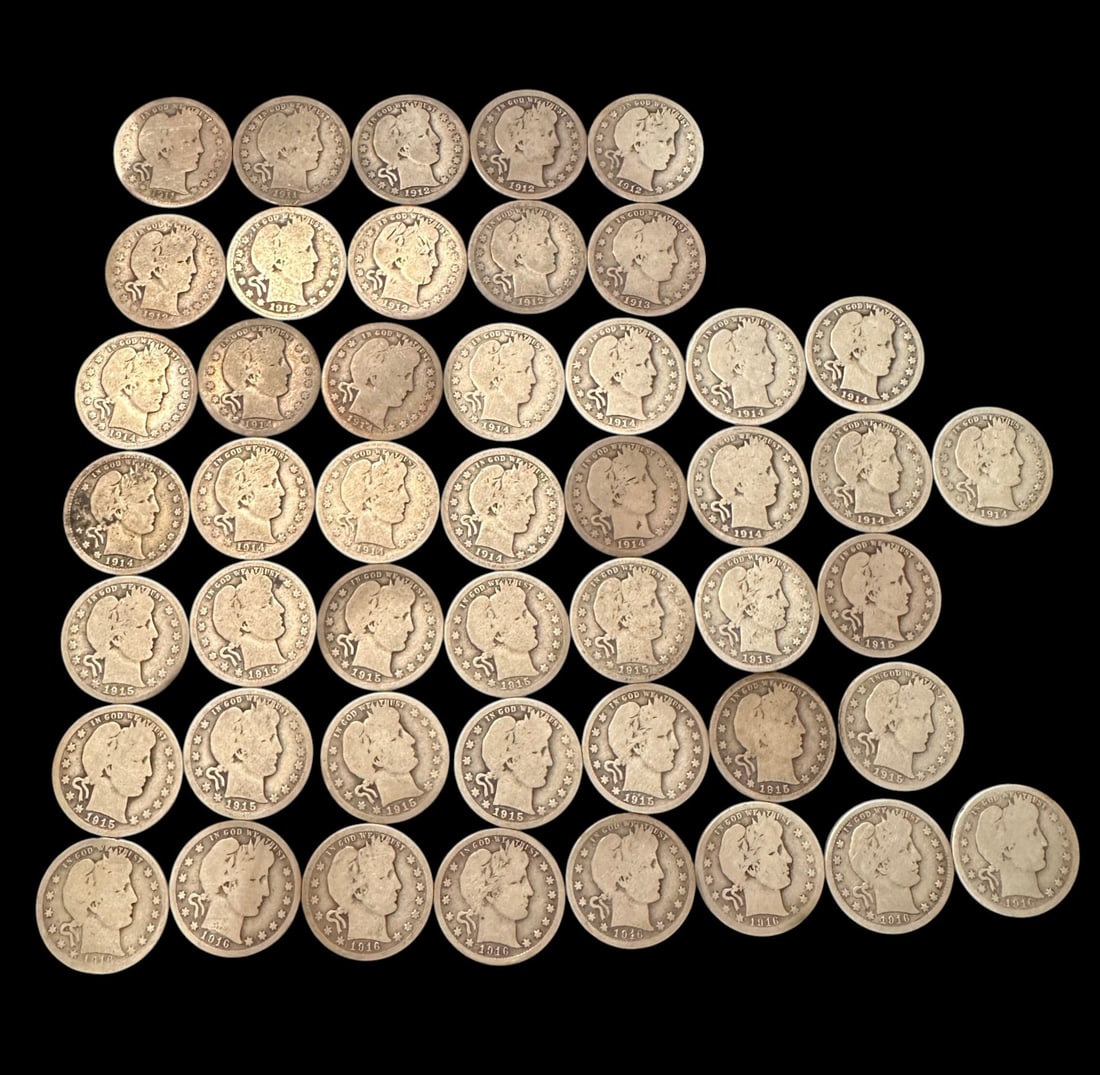 Lot of 47 Barber Quarter Dollars - Many Denver Mint: Please review photos for more details as they are a part of the description. Item is being sold as found from an estate collection and may show signs of age, use, wear, imperfections, or surface
