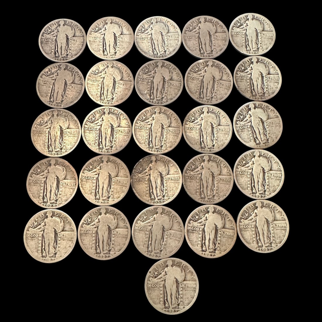 Lot of 26 Standing Liberty Quarters: Please review photos for more details as they are a part of the description. Item is being sold as found from an estate collection and may show signs of age, use, wear, imperfections, or surface