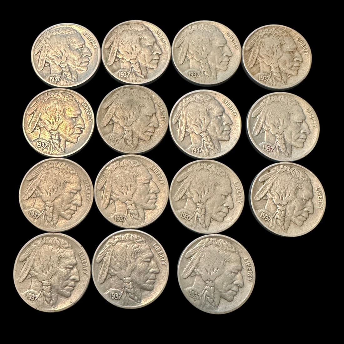 Lot of Fifteen 1937 Buffalo Nickles: Please review photos for more details as they are a part of the description. Item is being sold as found from an estate collection and may show signs of age, use, wear, imperfections, or surface