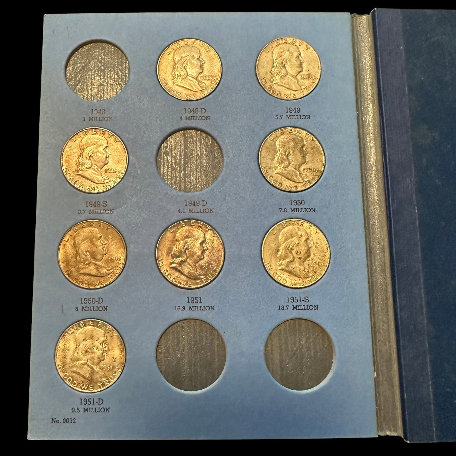 Partial Book with 13 Franklin Half Dollars - 2