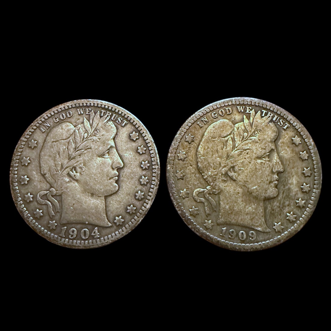 1904 and 1909 Barber Quarter Dollars: Please review photos for more details as they are a part of the description. Item is being sold as found from an estate collection and may show signs of age, use, wear, imperfections, or surface