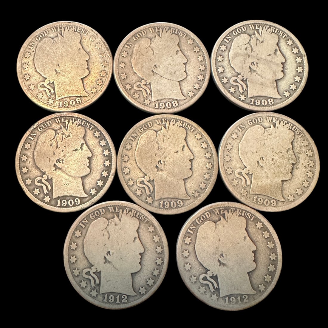 8 Barber Dimes - 1908 1909, 1912: Includes three 1908-O, three 1909, one 1912-S, and one 1912-D. Please review photos for more details as they are a part of the description. Item is being sold as found from an estate collection and