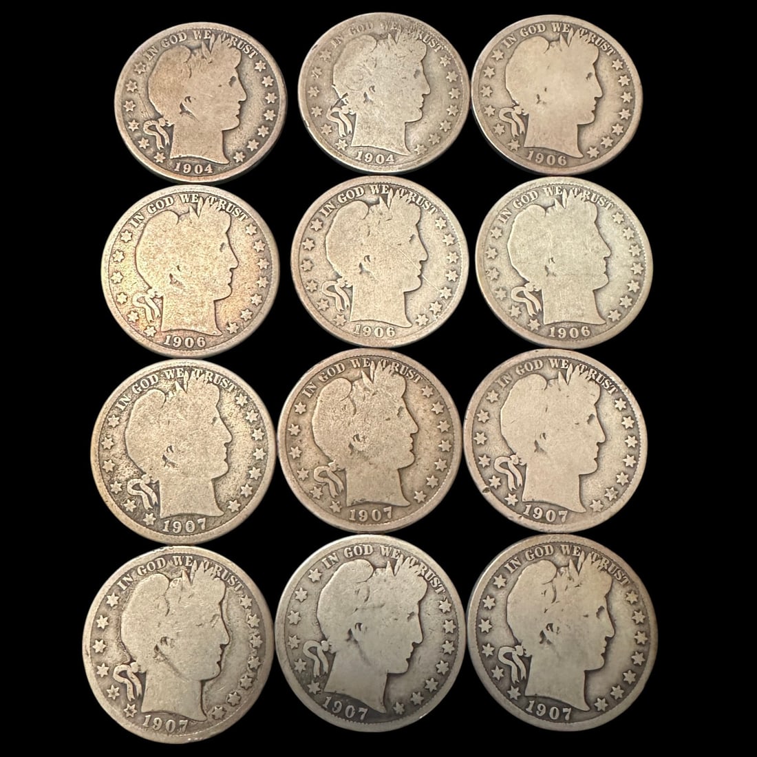 12 Barber Dimes - 1904, 1906, 1907: Includes 1904, 1904-O, and 1906-D. Please review photos for more details as they are a part of the description. Item is being sold as found from an estate collection and may show signs of age, use,