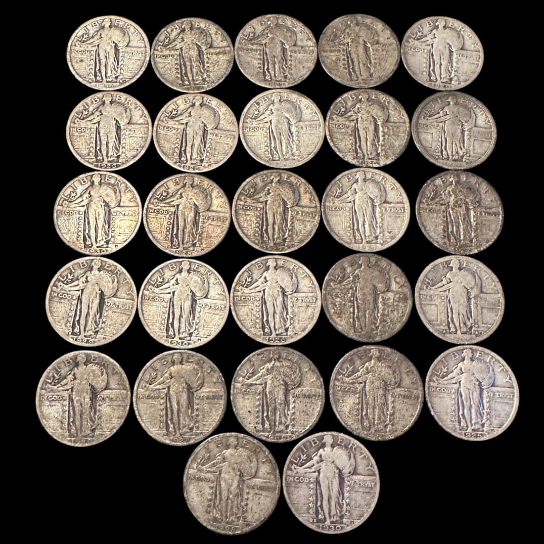 27 Liberty Standing Quarter dollars: Please review photos for more details as they are a part of the description. Item is being sold as found from an estate collection and may show signs of age, use, wear, imperfections, or surface