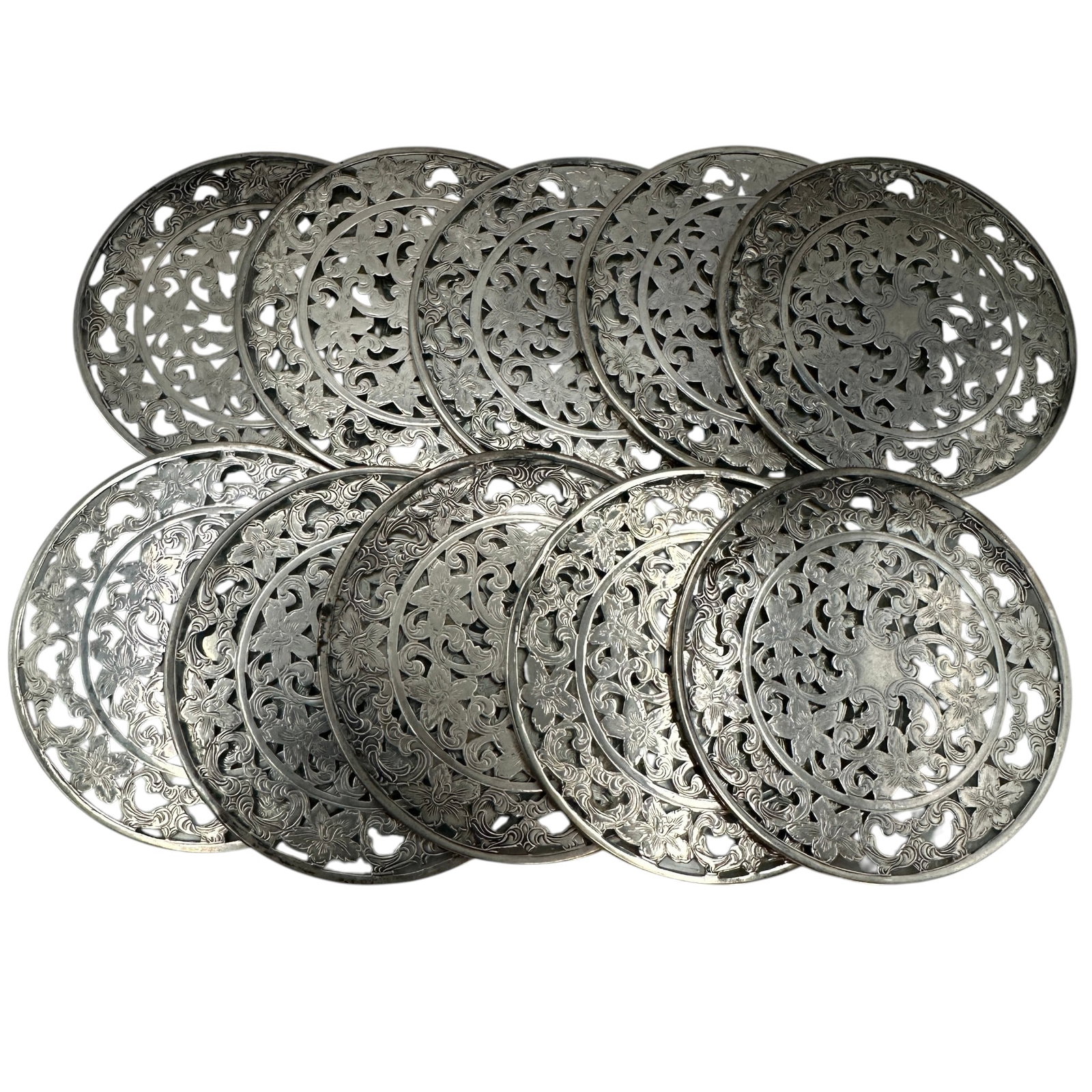 Webster Sterling Silver over Glass Coaster Set of 10: Each measures 3"in diameter. Total weight is 362 grams including the glass. Please review photos for more details as they are a part of the description. Item is being sold as found from an estate coll
