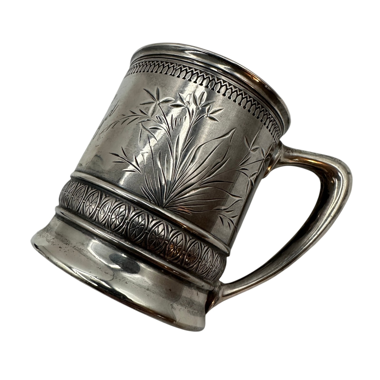 Antique Sterling Silver Child's Cup: Measures 2 5/8"H x 2 1/4"W across lip of cup x 3 1/2"W to the tip of the handle. Total weight 67 grams. Please review photos for more details as they are a part of the description. Item is being sold 