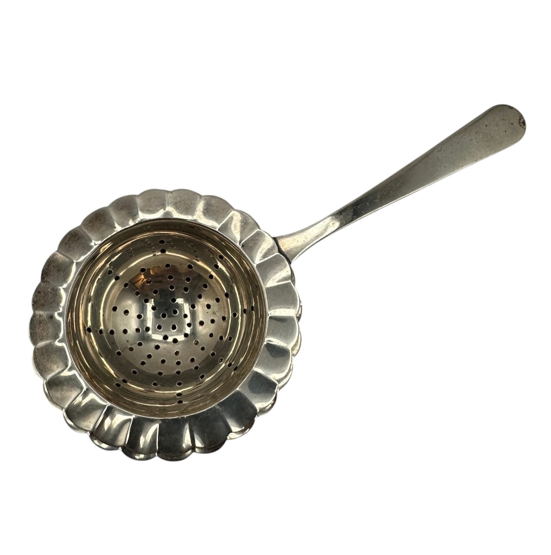 Japanese 950 Silver Tea Strainer with Base: Measures 6 1/8"L. Bowl measures 1 1/2"H x 2 7/8" in diameter. Weighs 79 grams. Please review photos for more details as they are a part of the description. Item is being sold as found from an estate