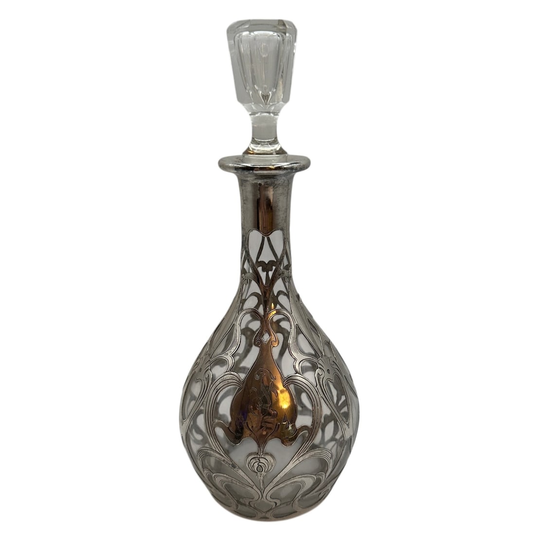 Vintage Gorham Art Nouveau Sterling Silver over Glass Decanter: Measures 10 1/4"H x 4" diameter at the widest point approximately. Please review photos for more details as they are a part of the description. Item is being sold as found from an estate collection an