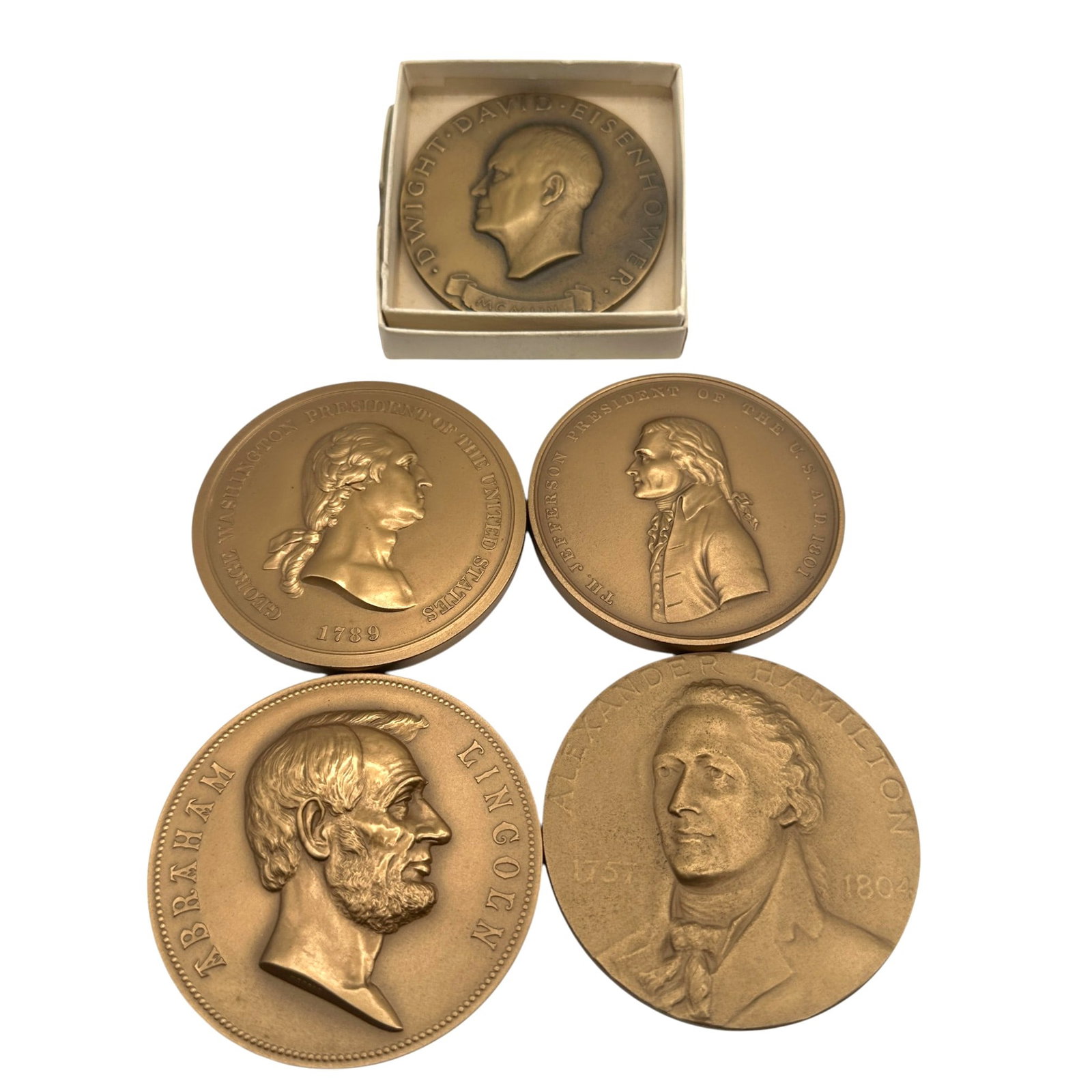Collection of Bronze President's Medals: Each measures approximately 3" in diameter. Please review photos for more details as they are a part of the description. Item is being sold as found from an estate collection and may show signs of age