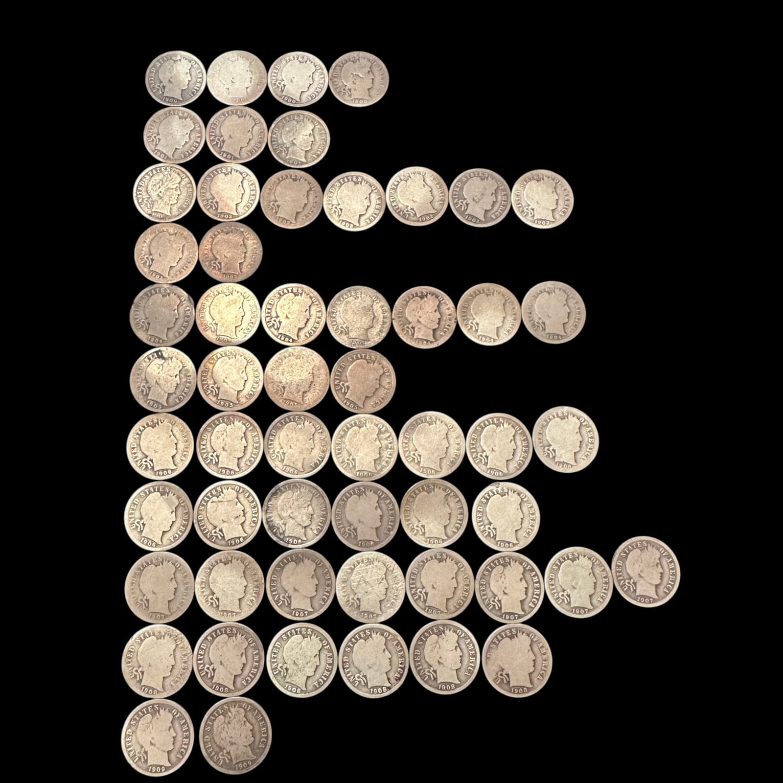 56 Liberty Head Silver Dimes including 1900-1909: Please review photos for more details as they are a part of the description. Item is being sold as found from an estate collection and may show signs of age, use, wear, imperfections, or surface