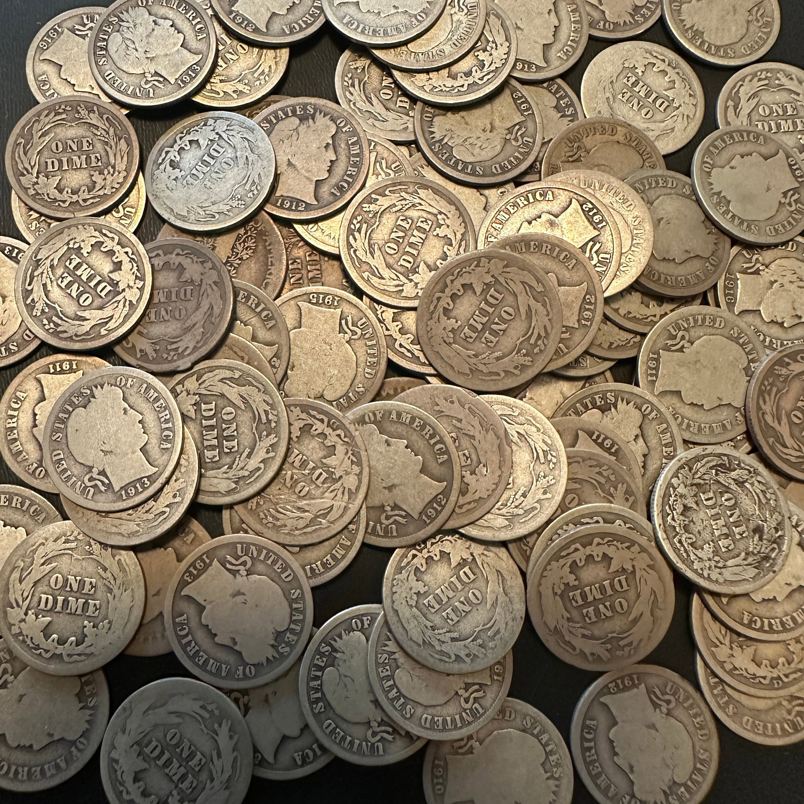 89 Liberty Head Silver Dimes Includes 1911-1916: Please review photos for more details as they are a part of the description. Item is being sold as found from an estate collection and may show signs of age, use, wear, imperfections, or surface