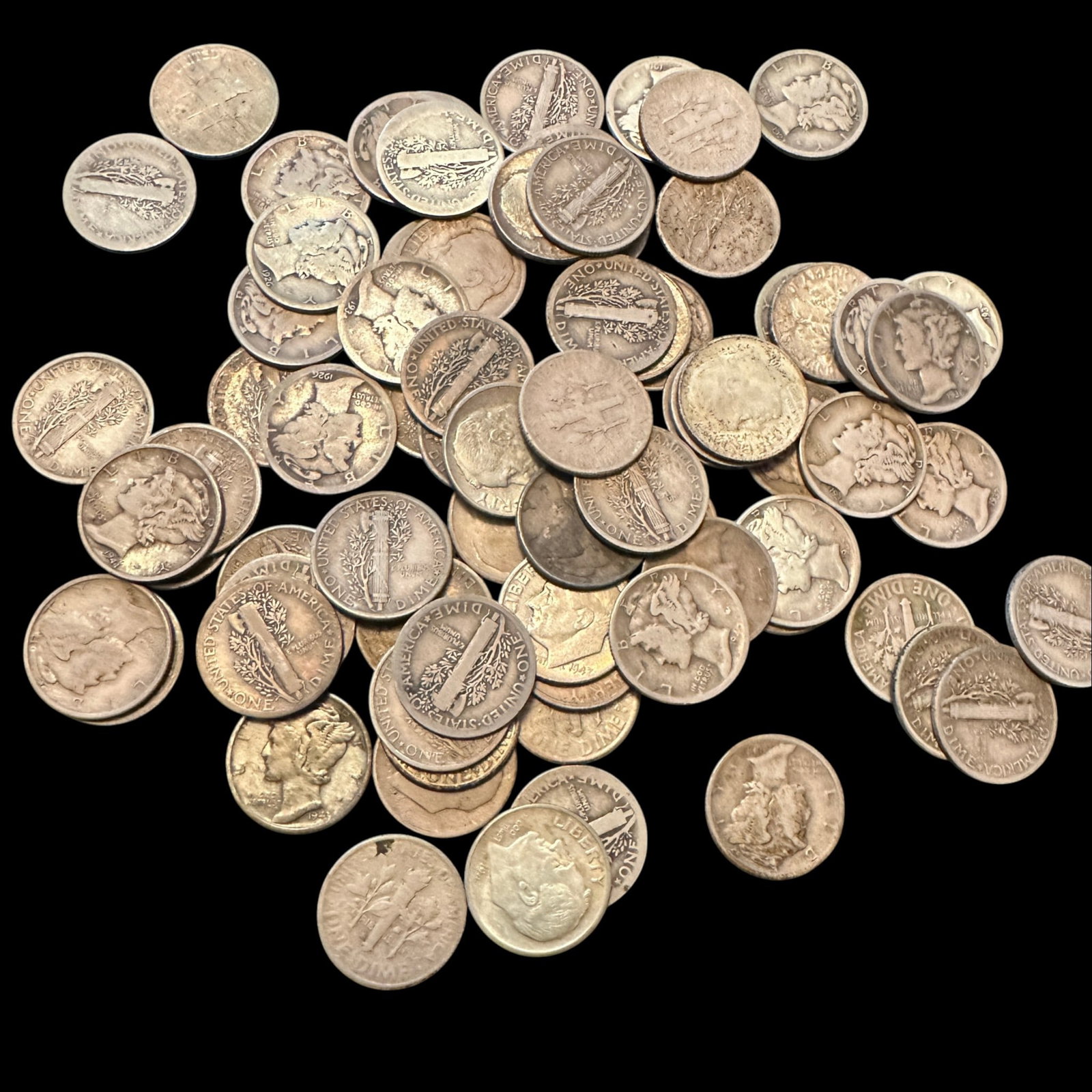 77 Assorted 90% Silver Dimes: Please review photos for more details as they are a part of the description. Item is being sold as found from an estate collection and may show signs of age, use, wear, imperfections, or surface varia