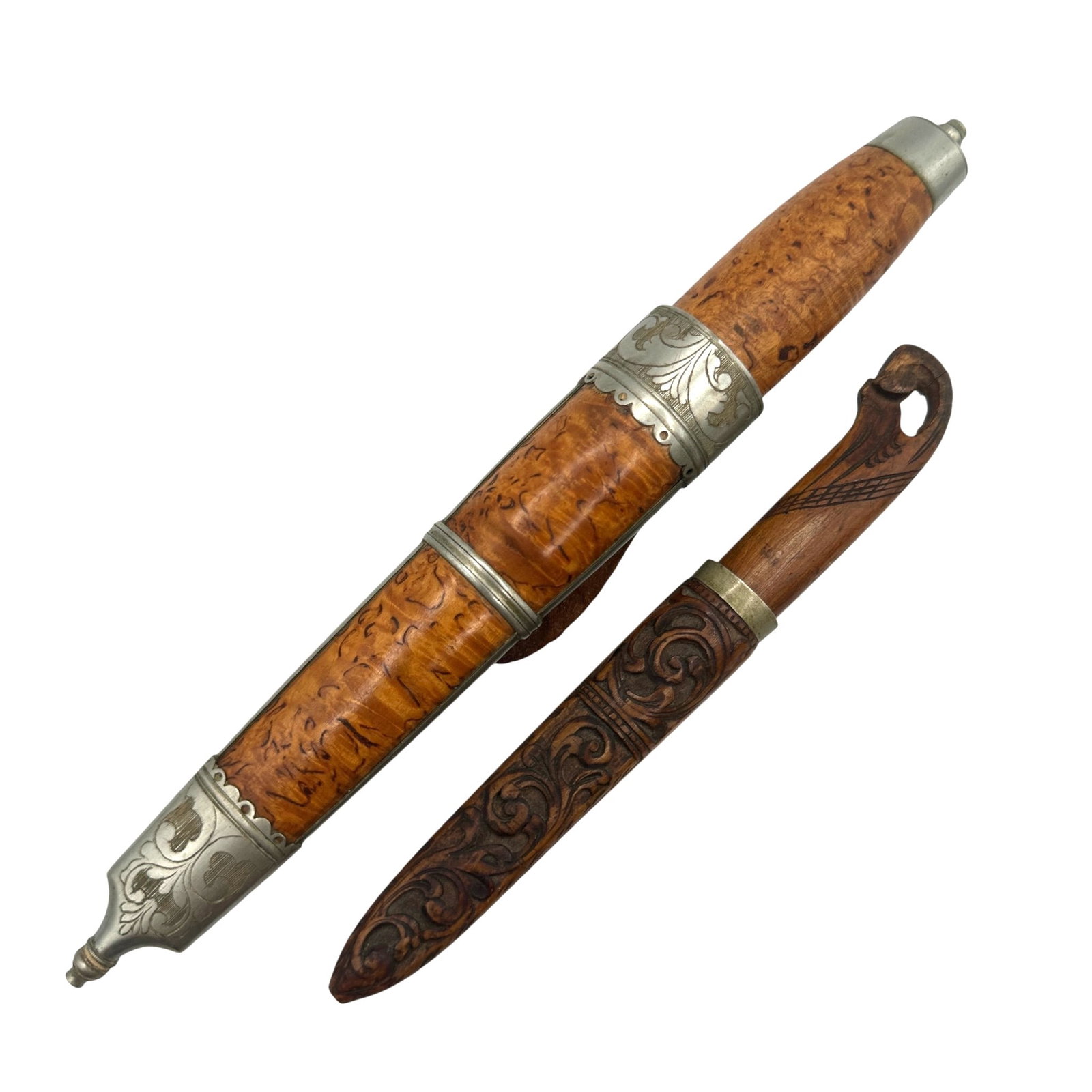 Hand Made Vintage Burled Wood Knife and Wooden Carved Knife: Please review photos for more details as they are a part of the description. Item is being sold as found from an estate collection and may show signs of age, use, wear, imperfections, or surface