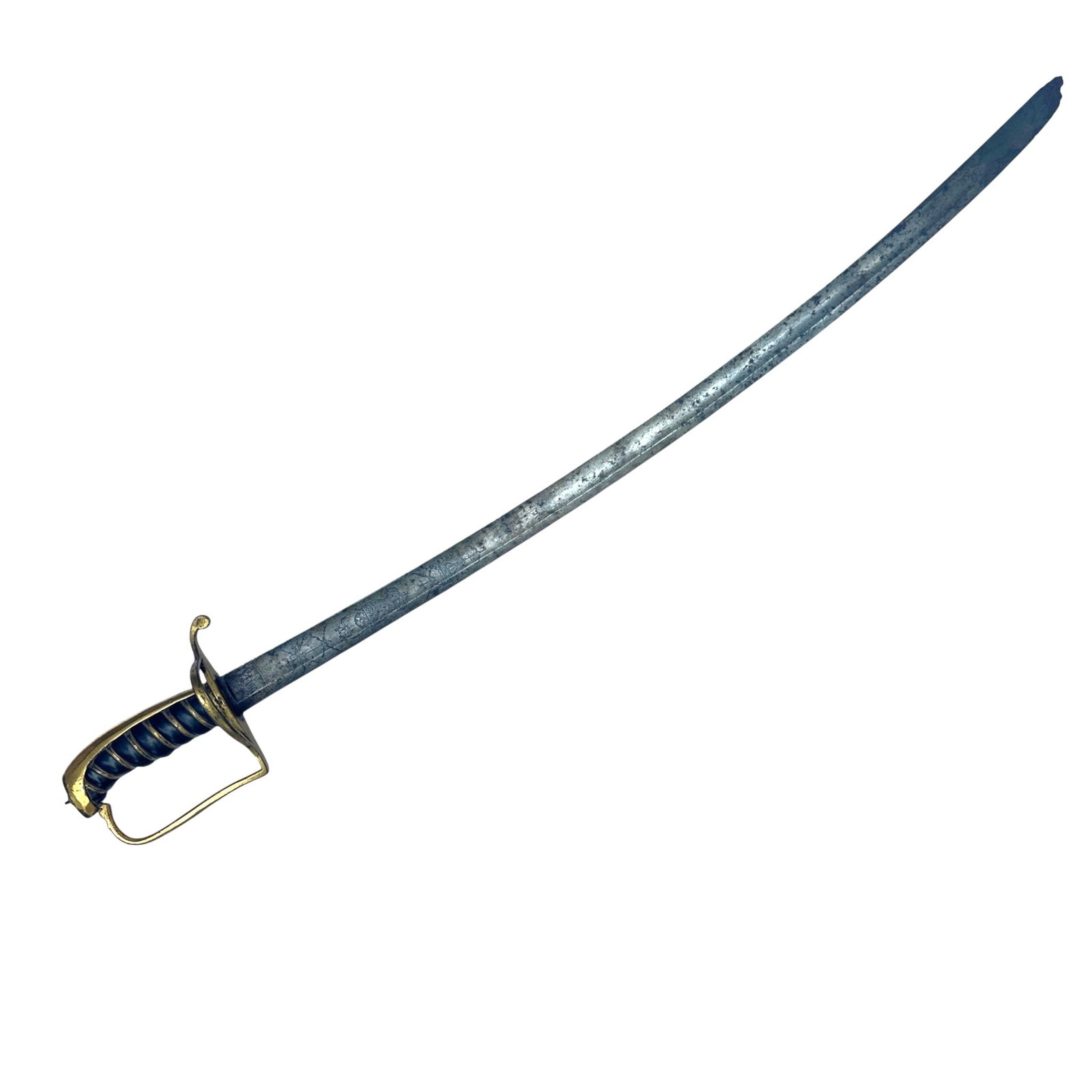 Antique Cavalry Sword: Measures 35" from end to end. Missing cap to handle. Blade shows corrosion. Please review photos for more details as they are a part of the description. Item is being sold as found from an estate