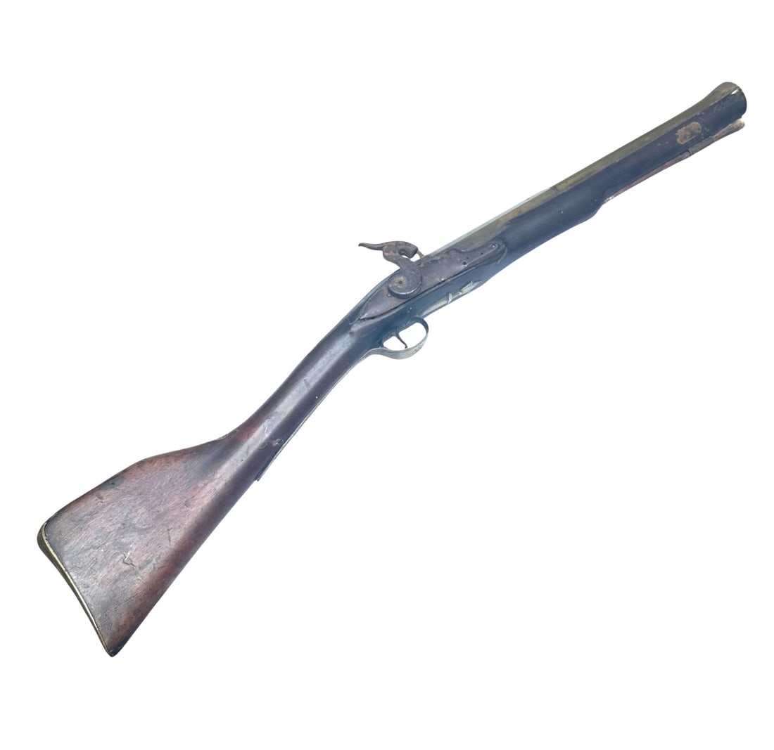 Antique British Firearm: Measures 31". Working condition and completeness unknown. Please review photos for more details as they are a part of the description. Item is being sold as found from an estate collection and may