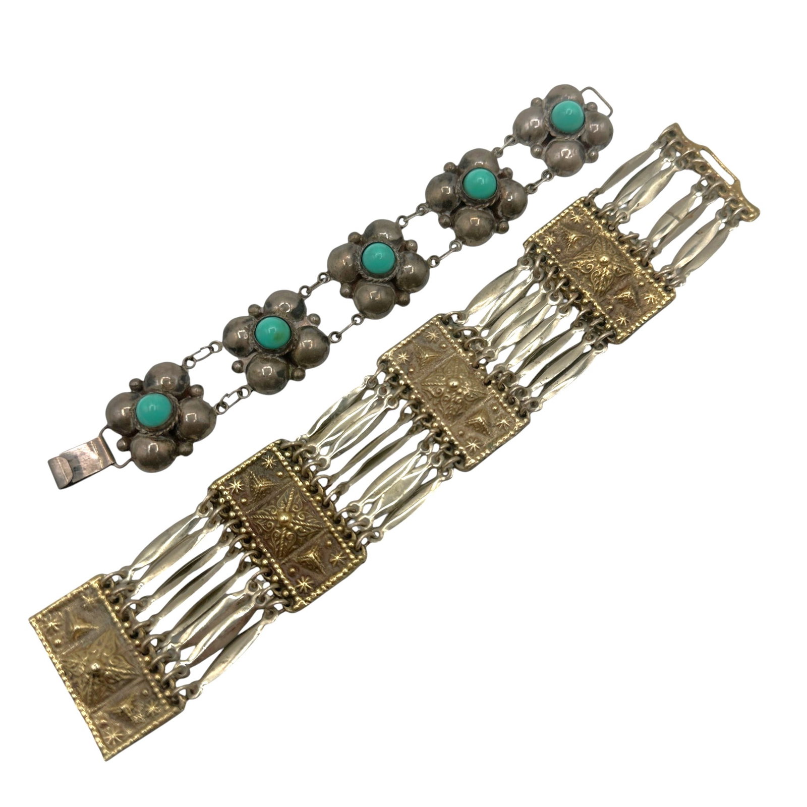 Two Vintage Mexican Bracelets: Each measures approximately 7 1/2" long. Metal bracelet is missing a link as shown in photo 8. Weight of silver and turquoise bracelet is approximately 17 grams. Please review photos for more details