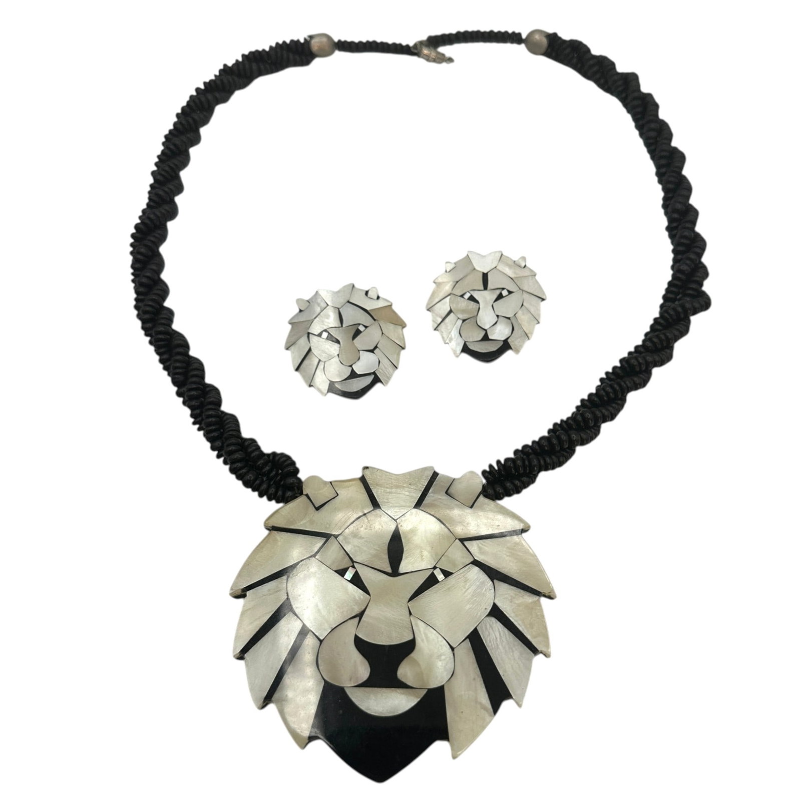 Mother of Pearl and Bead Lion Necklace and Earrings: Please review photos for more details as they are a part of the description. Item is being sold as found from an estate collection and may show signs of age, use, wear, imperfections, or surface