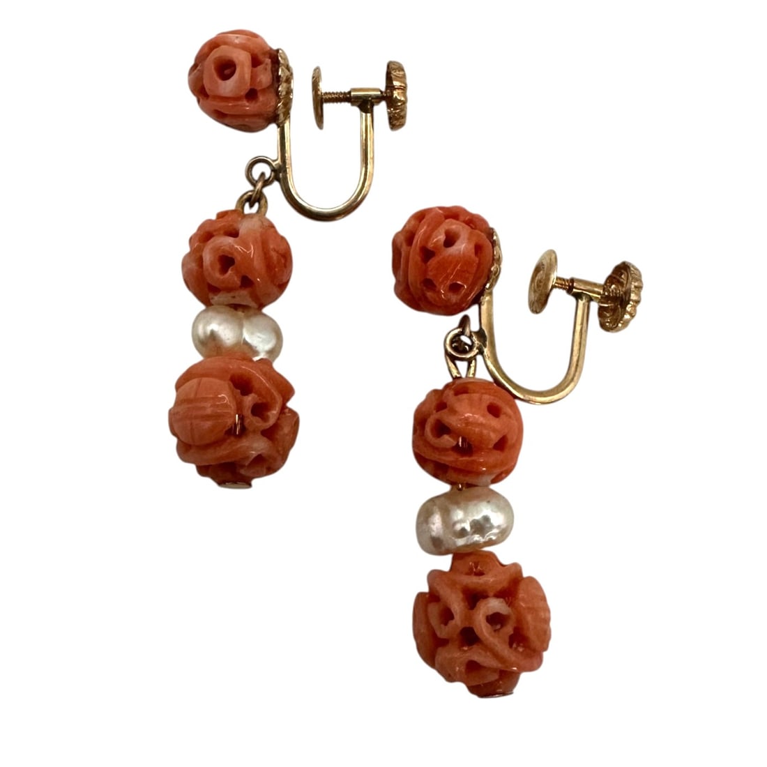 14K Gold Earrings with Carved Coral Beads and Fresh Water Pearls: Total weight 4.8 grams. Please review photos for more details as they are a part of the description. Item is being sold as found from an estate collection and may show signs of age, use, wear, imperfe