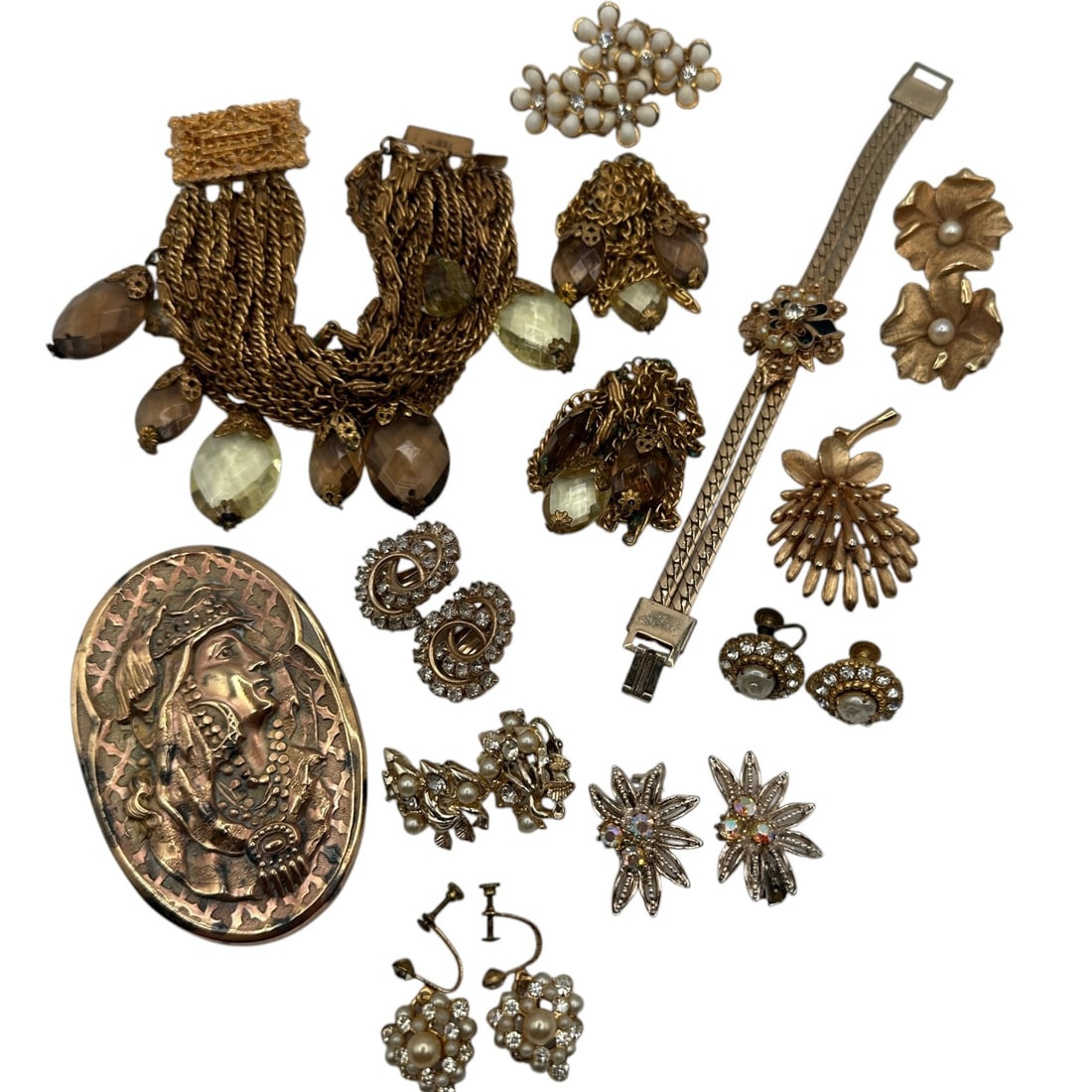 Antique Brass Mucha Style Brooch with Kramer Bracelet and Earrings (1 of 15)
