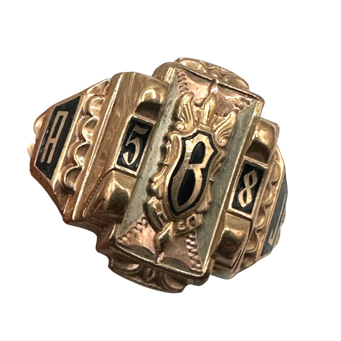 1958 School Ring in 10K Gold: Size 6 3/4. Weighs 4.1 grams. Please review photos for more details as they are a part of the description. Item is being sold as found from an estate collection and may show signs of age, use, wear, i