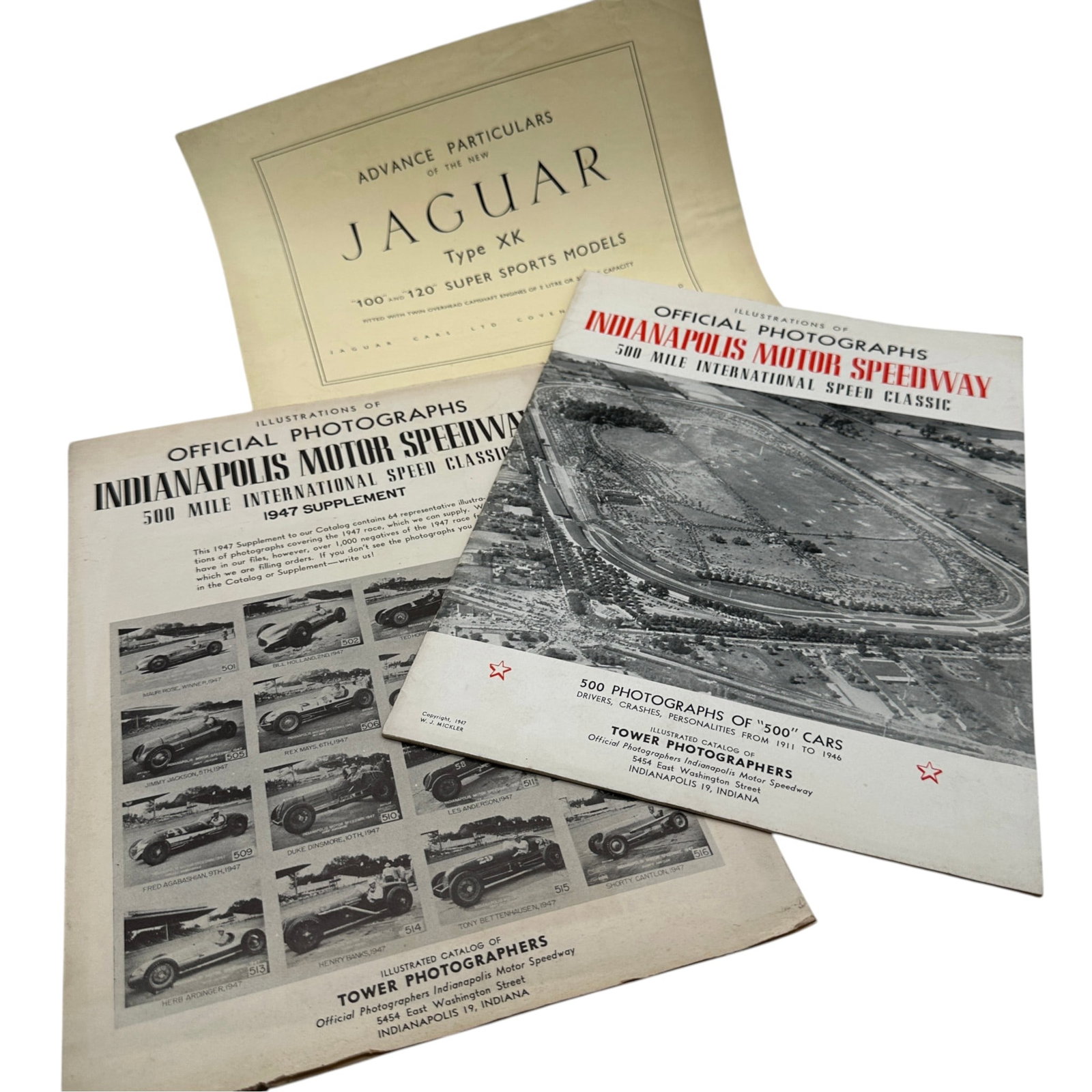 Jaguar and Indianapolis Motor Speedway Ephemera: Please review photos for more details as they are a part of the description. Item is being sold as found from an estate collection and may show signs of age, use, wear, imperfections, or surface varia