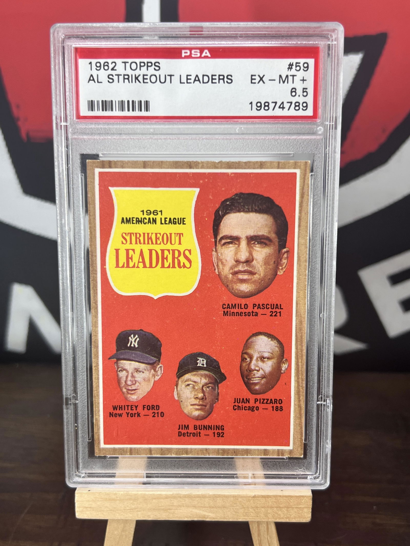 1962 Topps #59 AL Strikeout Leaders Pascual / Ford / Bunning / Pizzard PSA 8 EX-MT+ (1 of 2)
