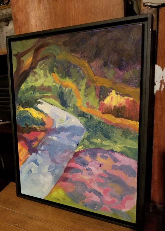 Small Mid-Century Oil Painting of Landscape w/ Brilliant Colors: Small Mid-Century Oil Painting of Landscape w/ Brilliant Colors