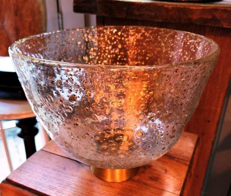 Striking Mid-Century Clear Glass Bowl w/ Infused Gold-Fleck Design and Wide Bronze Band (1 of 3)