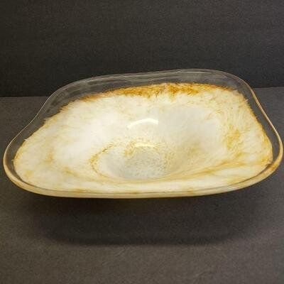 Large Murano Mid-Century Uniquely Shaped Art Glass Charger Plate by Silvestri: Large Murano Mid-Century Uniquely Shaped Art Glass Plate by Silvestri. This extraordinary work by famed glass maker Creazioni Silvestri features an innovative off-center design and vivid coloration ag