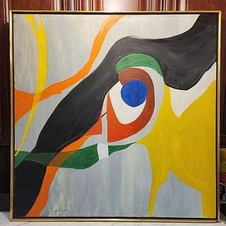 Muriel B. Harris Large Modernist Abstract Oil Painting w/ Strong Geometric Image and Colors: Muriel B. Harris Large Modernist Oil Painting w/ Strong Geometric Image and Colors - Attached document shows that this piece was offered or sold for $1,500 in 2001.Muriel B.Harris(1912-2009).She was k
