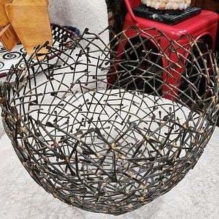 Extraordinary Mid-Century Metal Welded Brutalist Basket w/ Brass Accents: Extraordinary Mid-Century Metal Welded Brutalist Basket w/ Brass Accents