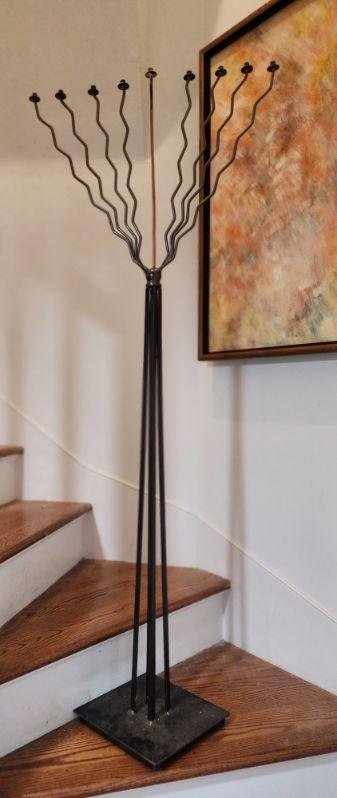 Dramatic Floor-Standing Mid-Century Torched Steel Sculpture of Menorah: Dramatic Floor-Standing Mid-Century Torched Steel Sculpture of Menorah