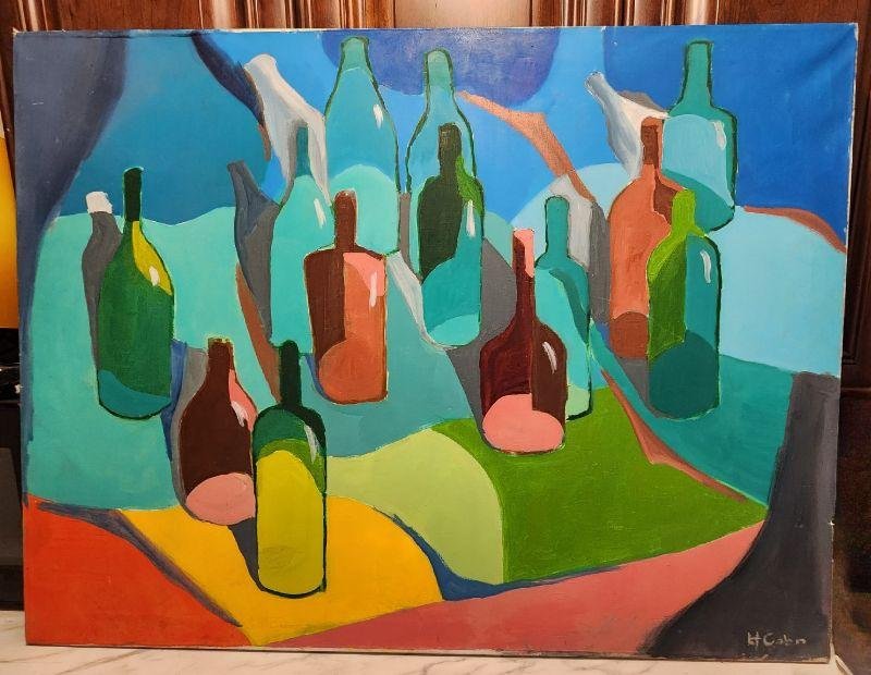 A Surreal Landscape of Bottles... Wonderful Cubist Large Vivid Abstract Oil Painting by H. Cohn: A Surreal Landscape of Bottles... Wonderful Cubist Large Vivid Abstract Oil Painting by H. Cohn