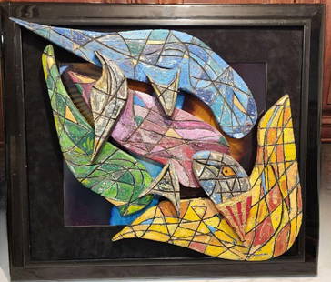 After Frank Stella Masterful Aquatic-Themed Wooden Hand-Painted Wall Sculpture w/ Circular: Masterful Aquatic-Themed Wooden Hand-Painted Wall Sculpture in the Manner of Frank Stella w/ Circular Overlapping and Interactive Imagery. We are advised that this piece is from the estate of Sidney G