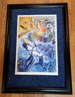 Marc Chagall Expressionist Lithograph French Museum Poster 'The Creation of Man" from 1958: Marc Chagall Expressionist Lithograph of French Museum Poster 'The Creation of Man".. Beautifully Framed with Felt Mat under Glass