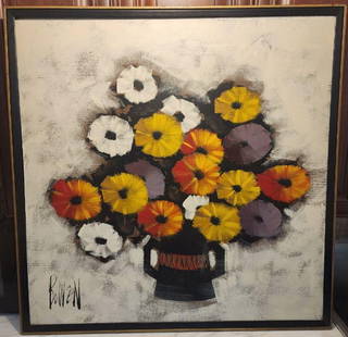 Bowen Large Mid-Century Abstract Expressionist Floral Still Life Oil Painting w/ Brilliant Colors: Bowen Large Mid-Century Modern Abstract Floral Still Life Oil Painting
