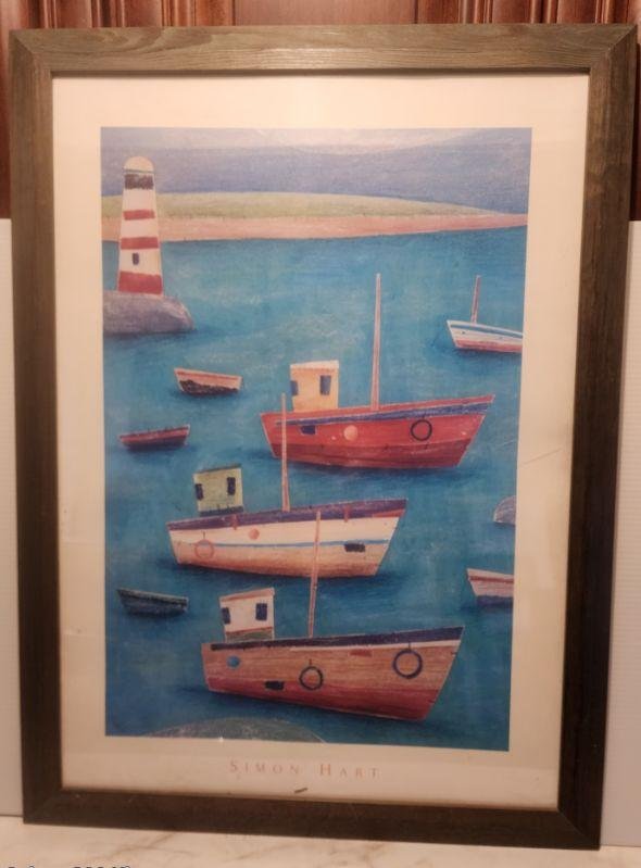Vintage Minimalist Lithograph Poster of Lighthouse & Boats Celebrating  Acclaimed Artist Simon Hart (1 of 2)