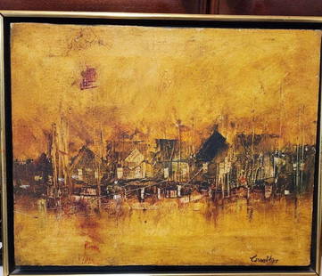Small Mid-Century Impressionist Oil Painting w/ Intriguing Sea Side Village Image, Signed: Small Mid-Century Impressionist Oil Painting w/ Intriguing Sea Side Village Image, Signed