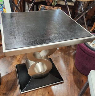 Large Silver and Black Mid-Century Sculptural Art Deco Side Table w/ Leather Top: Large Silver and Black Mid-Century Sculptural Art Deco Side Table w/ Leather Top.. Some paint shipping on base. Overall is in quite good condition consistent with age.