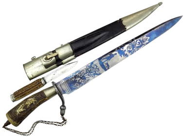 Exceptional Quality 19th C. German or English Hunting Bowie Knife Dagger Sword, Damascus Steel Blade (1 of 20)