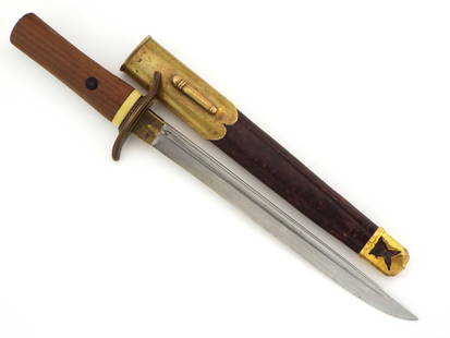 Japanese WWII era Probably Last Ditch Dagger Fighting Knife: Unknown Japanese dagger with an old 8 1/2 inch long cutting edge. Overall length is 12 1/2 inch. Scabbard is leather with a brass throat and drag.