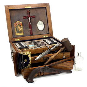 Fantastic Quality 19th C. Vampire Slayer Kit in 4-Level Custom Box with Multiple Crucifixes, Pair of (1 of 18)