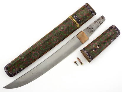 Fine 19th C. Japanese Samurai AIKUCHI Dagger in Beautiful Cloisonne Enamel Mounts.: Fine 19th C. Japanese Samurai AIKUCHI Dagger in Beautiful Cloisonne Enamel Mounts. Strong Koto or Shinto era Blade with Straight Wide HAMON Tamper Line. MeiJi era, a Beautiful and Rare Weapon Total le