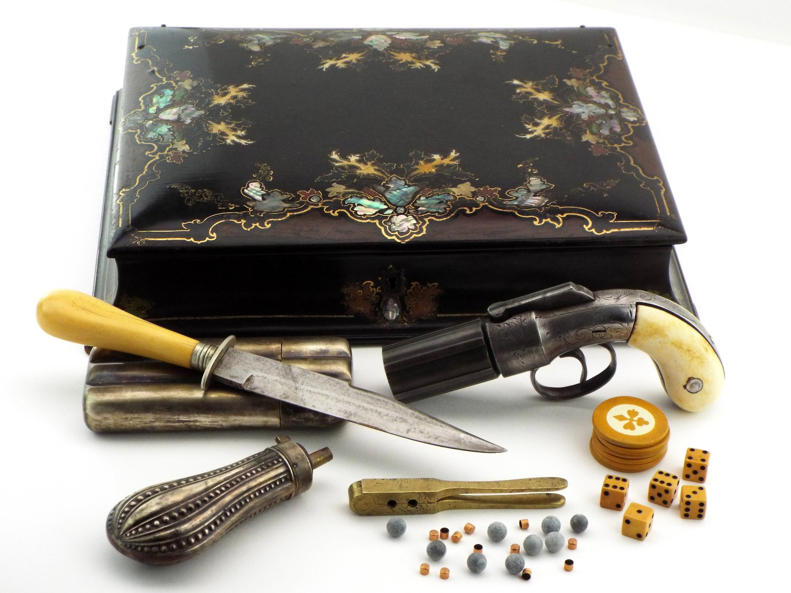 Phenomenal Inlaid With Mother Of Pearl Cased Gamblers Kit With Pepperbox Pistol Dated 1854: Cased gamblers kit with beautiful Fine grip HARST and KNOX Pepperbox Pistol Dated 1854 Function is tight, FINE handle unmarked bowie, powder flask, bullet mold, balls and caps. Gambling items, chips a