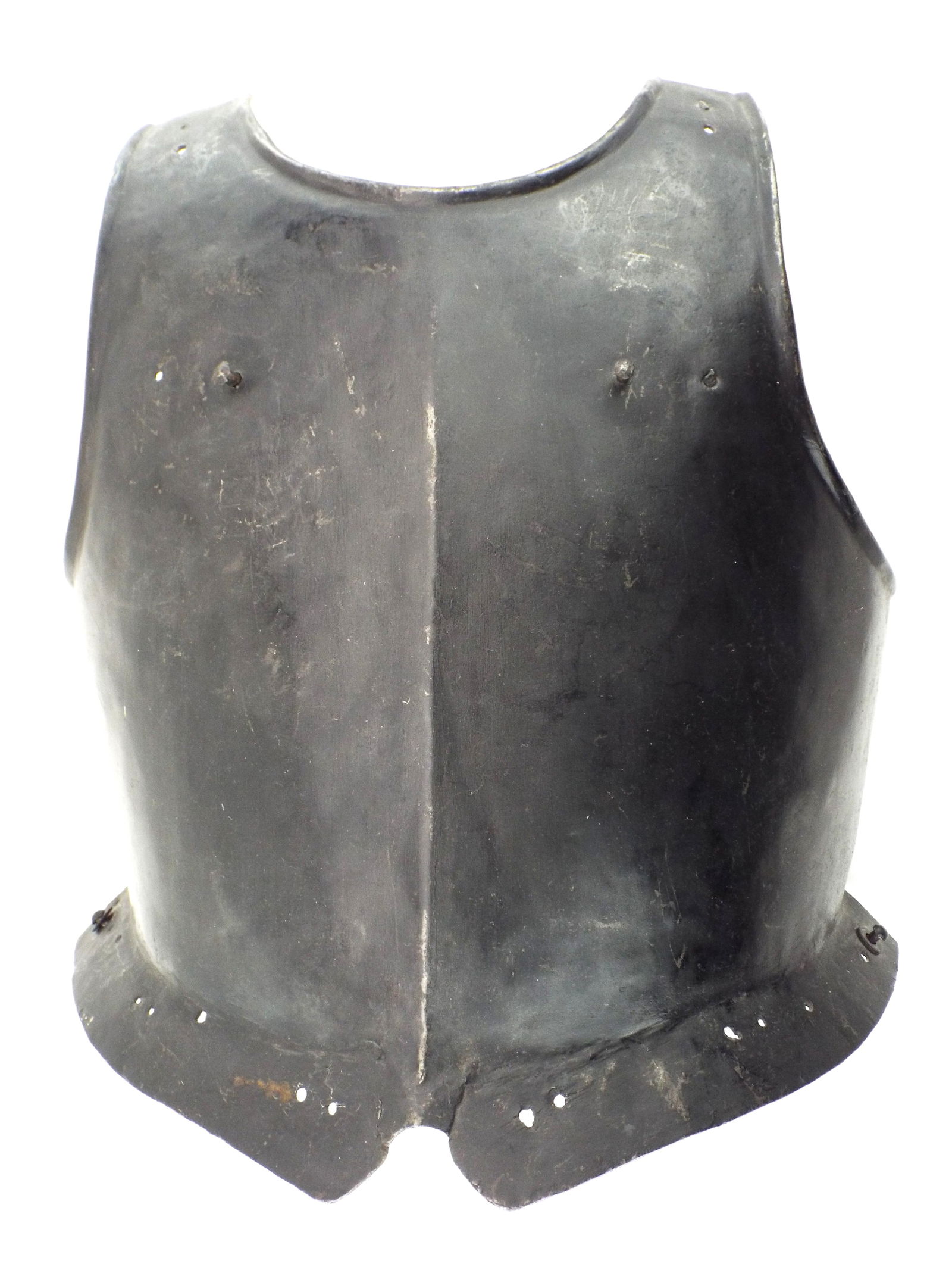 19th C. English Cuirass Breastplate: Good 19th Century English cuirass breastplate composed of a center ridge, steel studs, a beveled lower edge, beveled sleeves and collar, finished with a black tone. Wear consistent with age, some mino